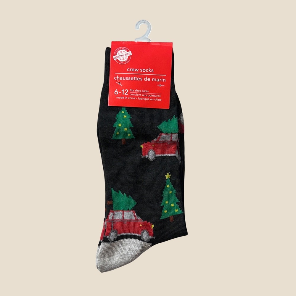 Christmas House Crew Socks Men 6-12 Black Car Christmas Tree Holiday Novelty New